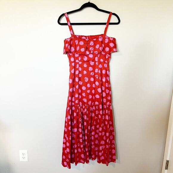 BORGO DE NOR Red Florence Ruffled Polka-dot Cotton Midi Dress small - Picture 4 of 12